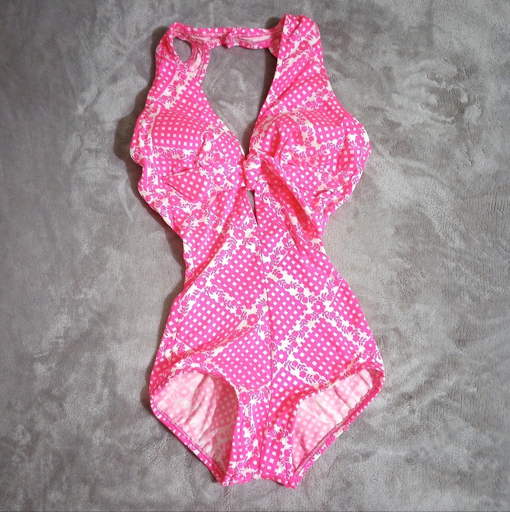Vintage 60s Jantzen Pink Print Pinup Swimsuit 8 Modern 0 00?